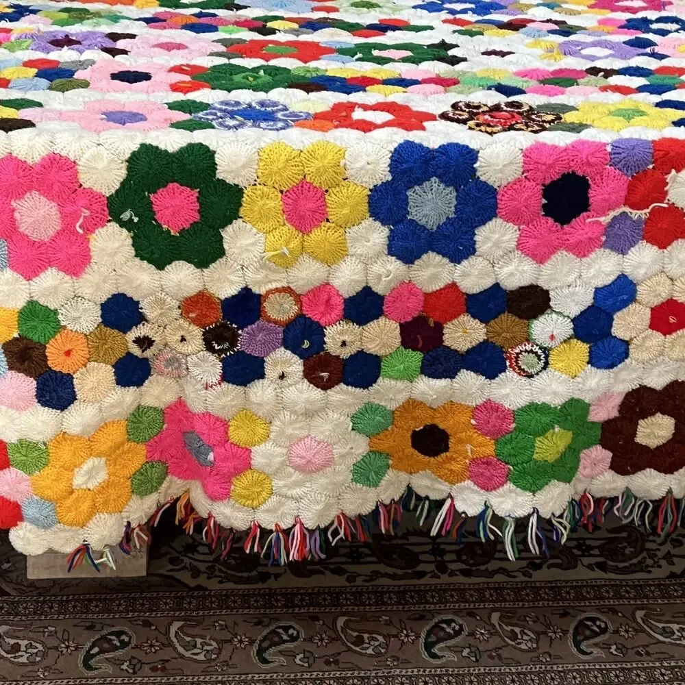 Vintage Grandmother's Flower Garden Crochet Afghan Blanket 79” x 84” Thick